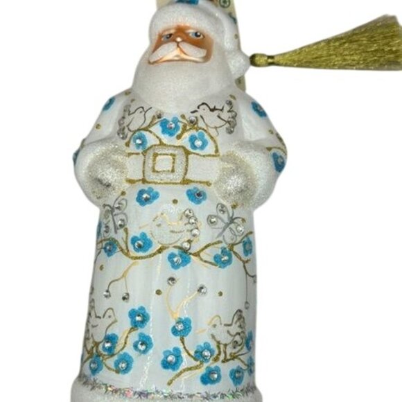 Hand-Painted JingleNog Santa Ornament With Blue & Gold Floral Details - Picture 7 of 13